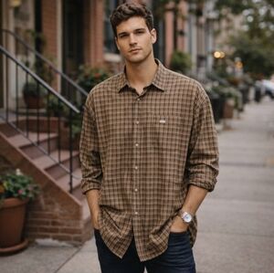 CALVIN KLEIN Brown Plaid Button Up Shirt XL Preppy City Vintage Cozy Casual Cool